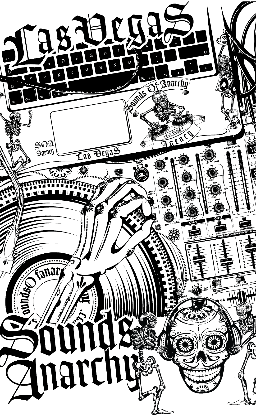  DJ tehno EDM turntable sugar scull skeleton logo tattoo stickers music